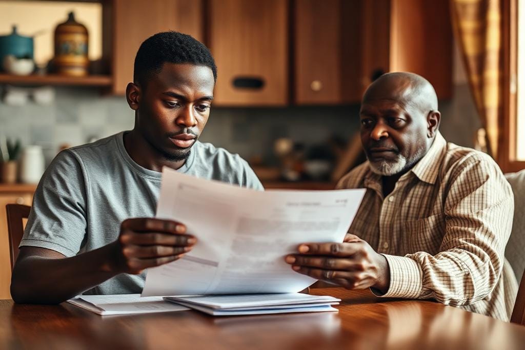 A young Ghanaian man reviewing his finances with his father before a visa application