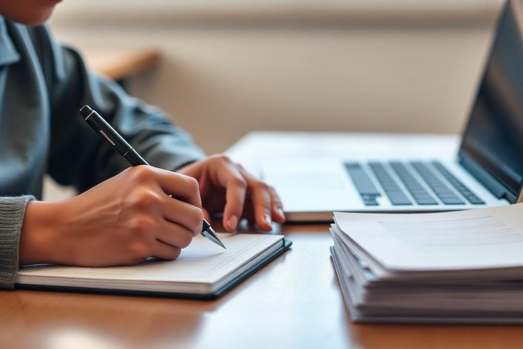 Student preparing notes and paperwork for a visa reapplication at a desk