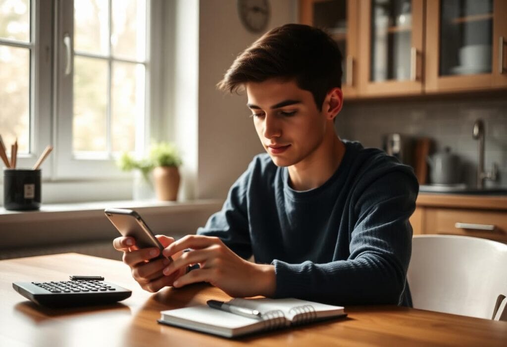 Student checking their bank balance on a phone at home before a visa application