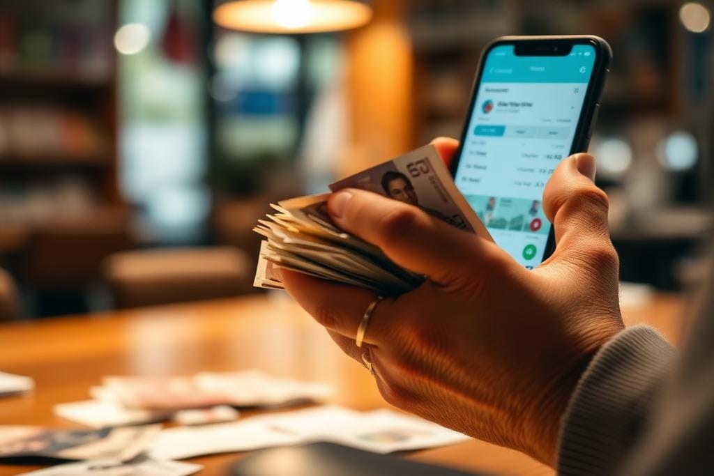 Hands handling currency alongside a phone currency conversion app