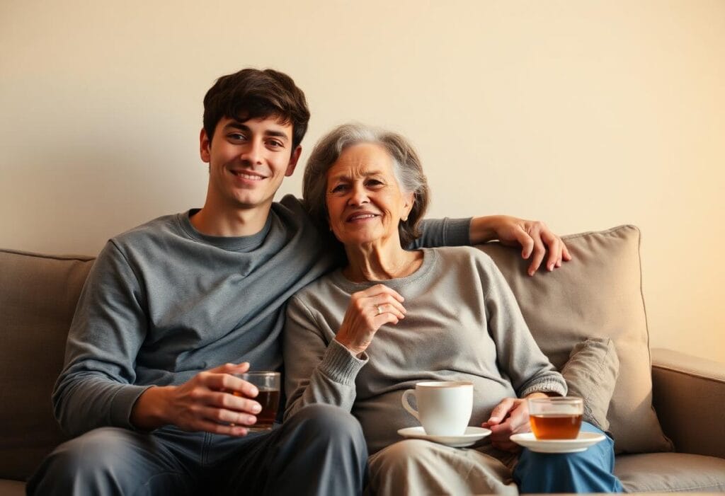A student and a family member discussing study-abroad plans together at home