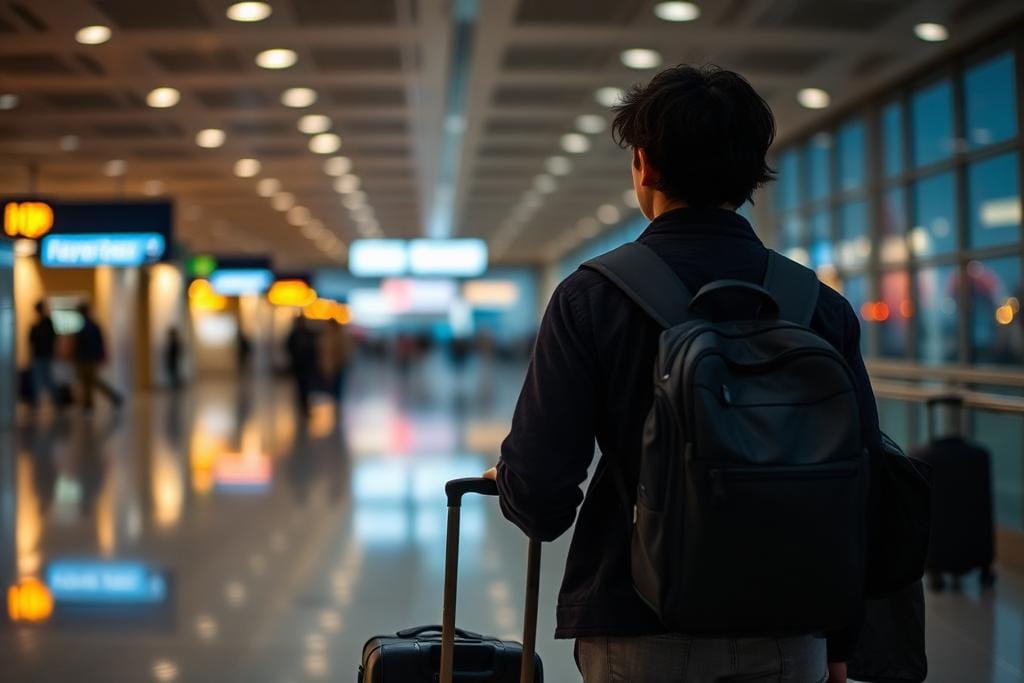 A student walking through an airport departure hall with a suitcase