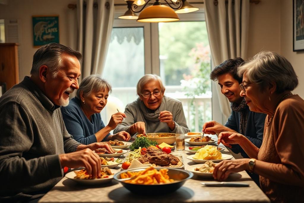 An extended family sharing a meal together, representing family financial support for education