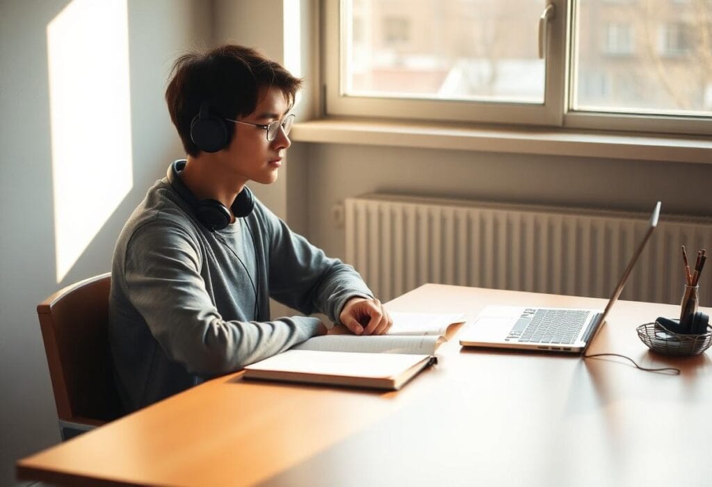 Student studying with headphones and a notebook at a desk in early morning light