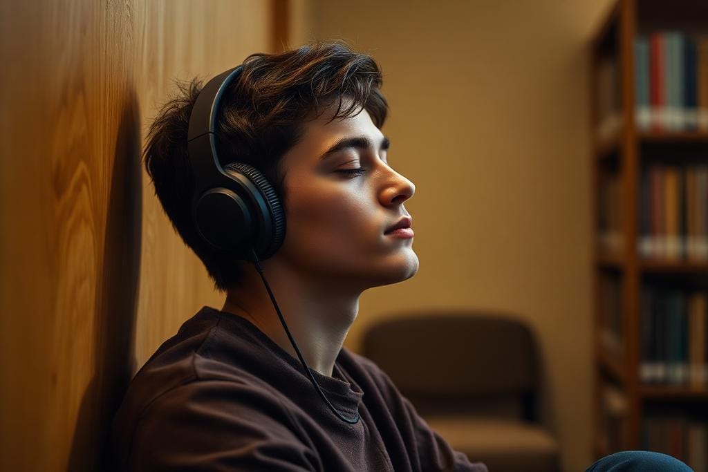 Student wearing headphones and listening intently during a practice session