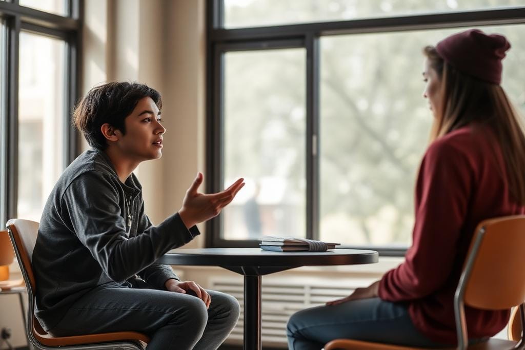 Two students practicing a spoken conversation together in a campus common room