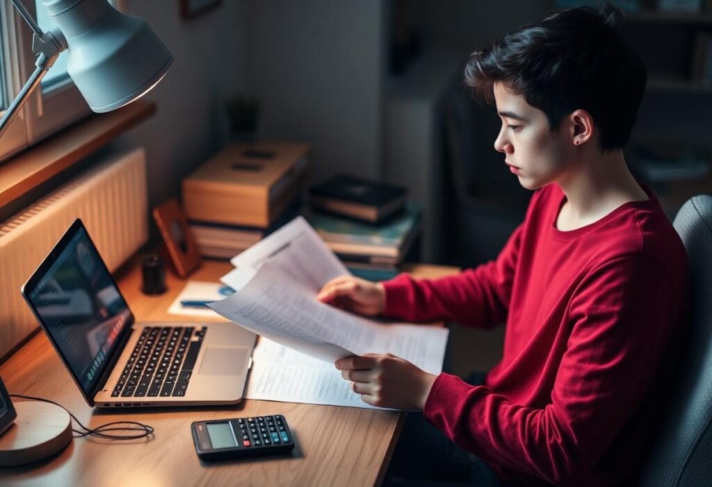 Student reviewing financial documents at home before a visa application