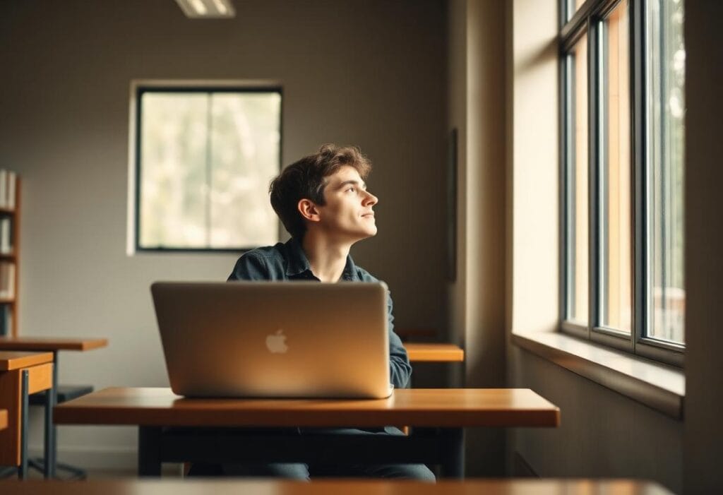 Student thinking through their study abroad application at a library desk