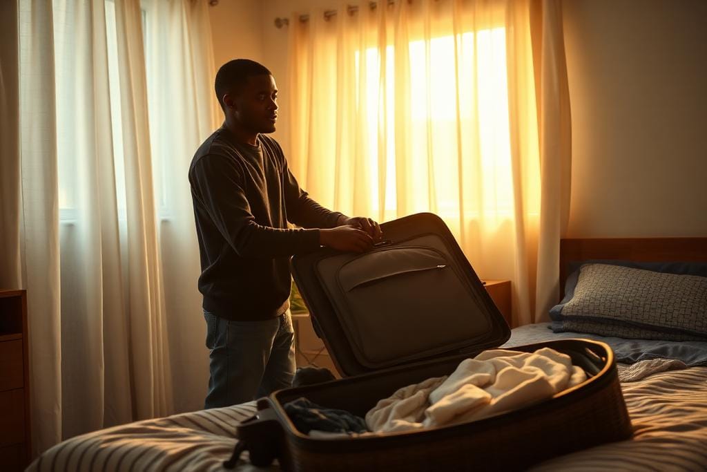 Student packing a suitcase while preparing to study abroad