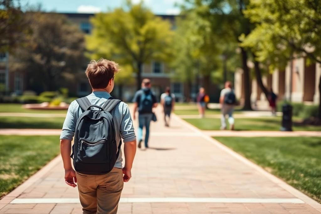 Student walking across a university campus after arriving abroad