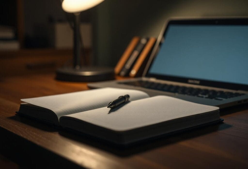 Notebook, pen and laptop on a desk at night before drafting a university application statement
