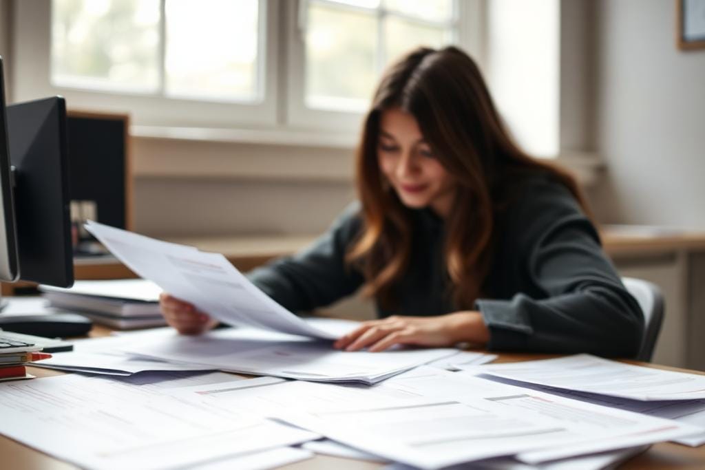 Student reviewing printed application documents before submitting a university application