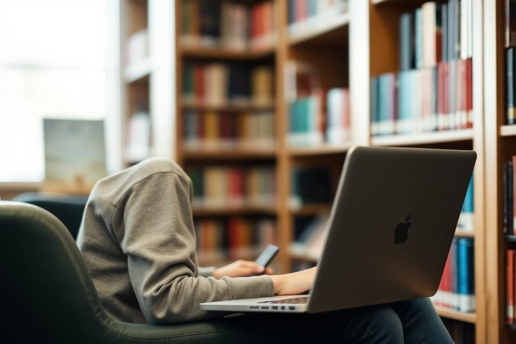 Student researching and drafting an application essay in a university library