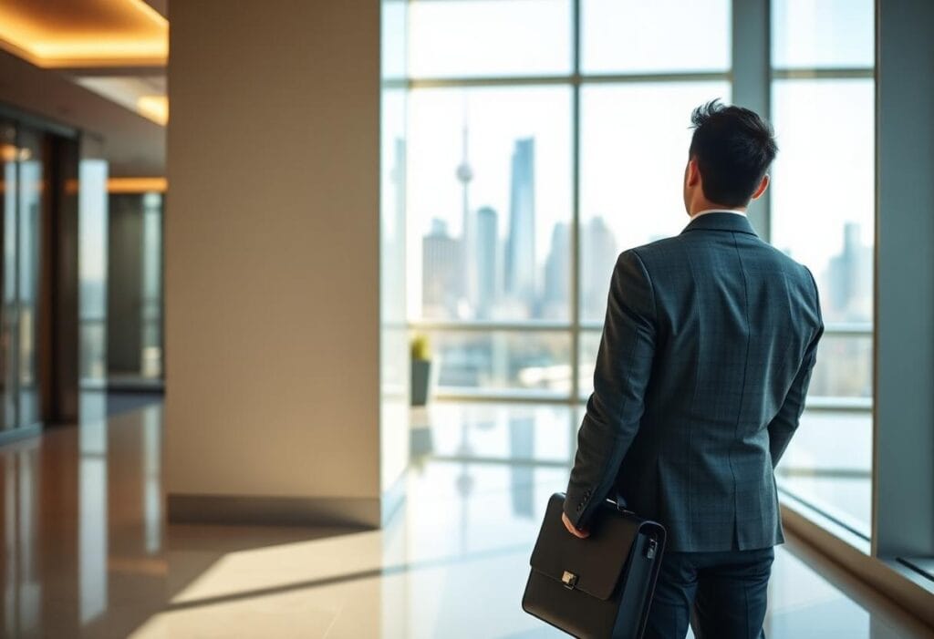 Immigrant professional looking out at the Toronto skyline from an office lobby