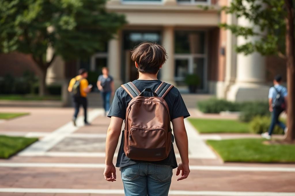 International student walking across a university campus after being accepted for study