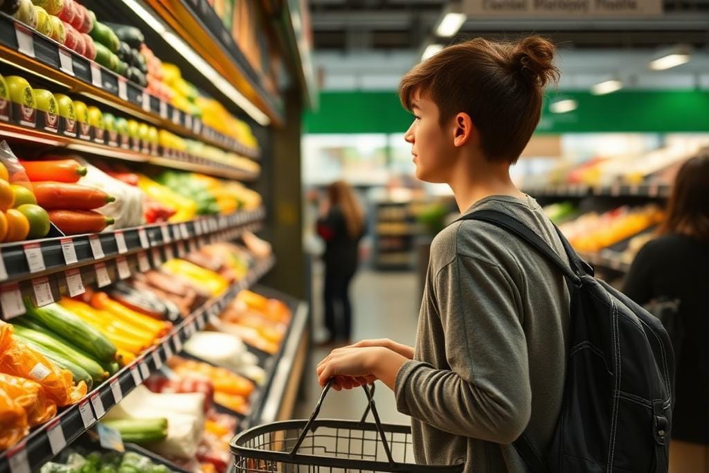 Student shopping for groceries in a Toronto supermarket aisle