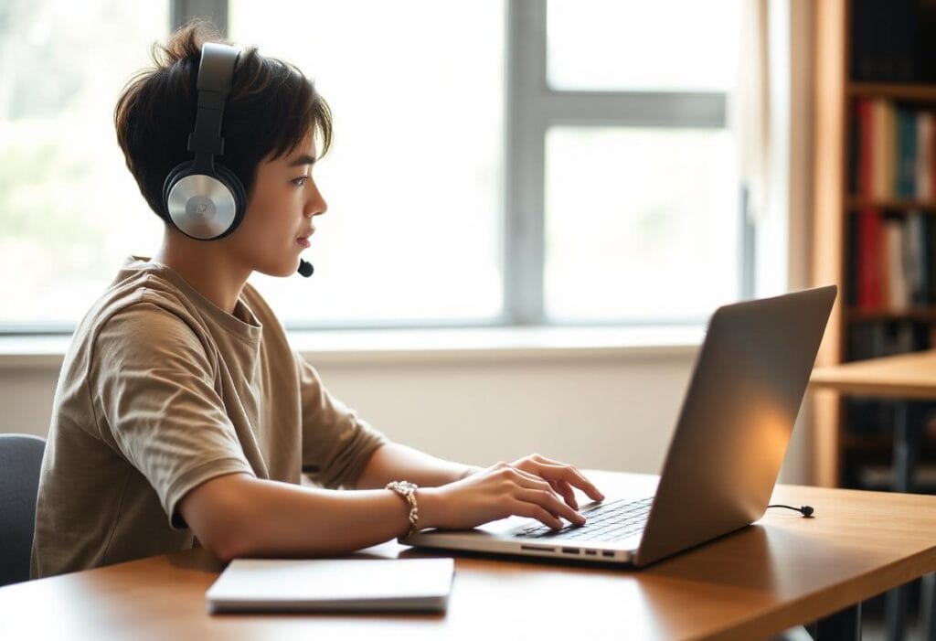 International student taking an online English proficiency test at a desk with headphones on