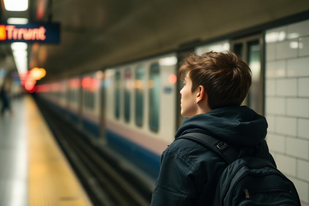 Student waiting for a train on a Toronto subway platform