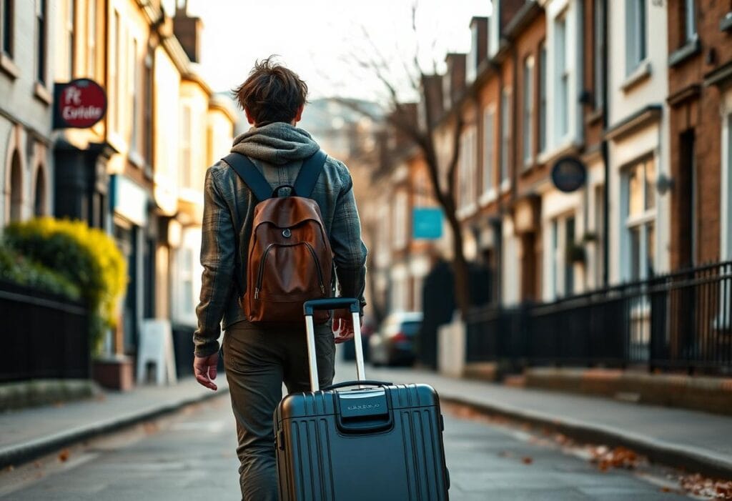 International student walking through a UK city street with a suitcase