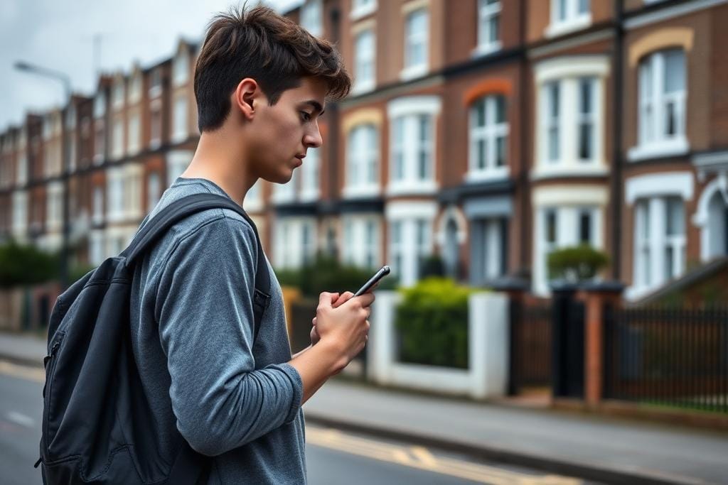 Student walking past UK terraced housing while checking their phone