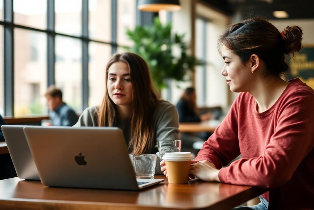 Students talking over coffee at a university campus cafe