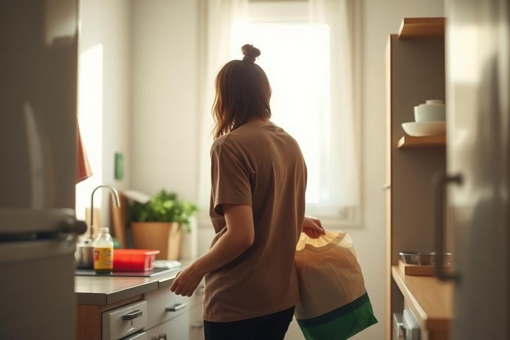 Student unpacking groceries in a small apartment kitchen