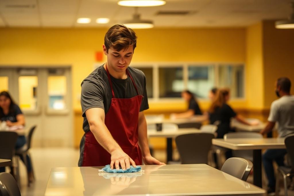 Student working a campus dining hall shift during the term