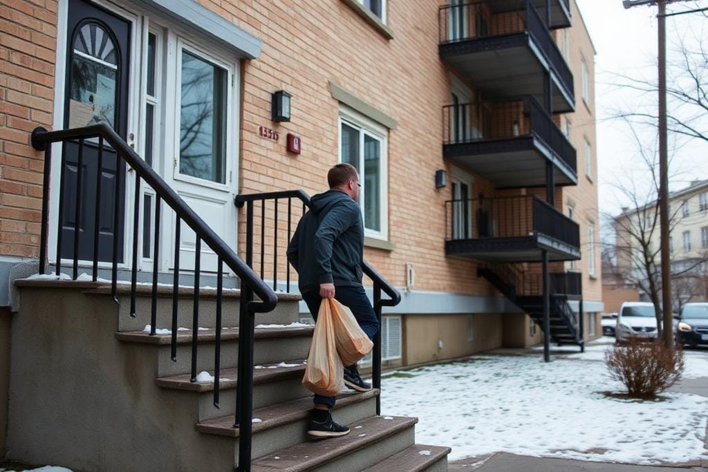 Student carrying groceries into a modest apartment building in winter
