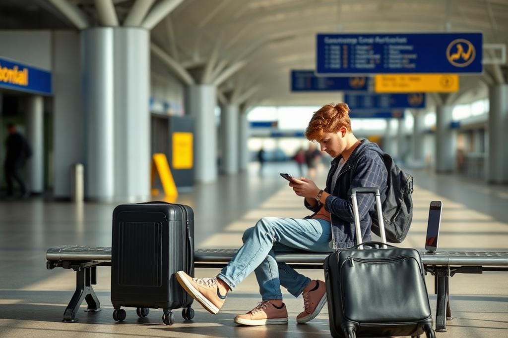International student waiting with a suitcase before departure for study abroad