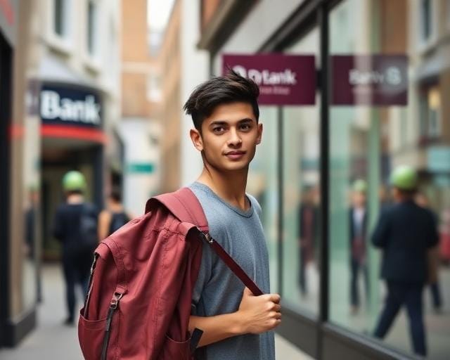 International student walking past UK high street bank branches