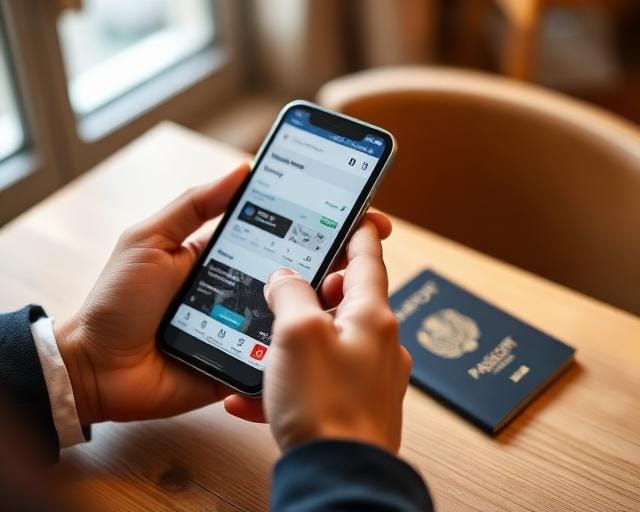 Student checking a banking app on a smartphone next to a passport
