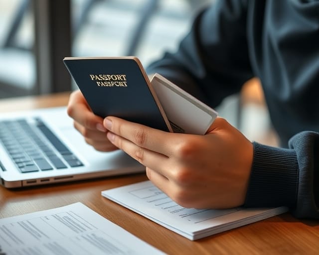 Student holding a passport and a new debit card at a café table