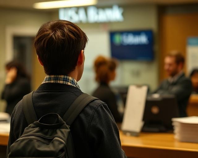 Student opening an account at a US bank counter with a bank employee