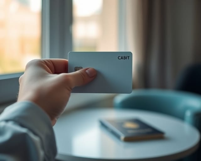 Student holding a new debit card with a passport nearby