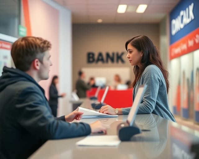 Student opening an account with a bank employee at a Canadian bank branch