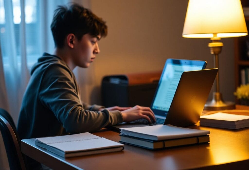 Student preparing graduate application materials at a desk at night