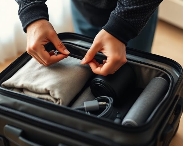 Hands zipping a packed suitcase before a study abroad trip