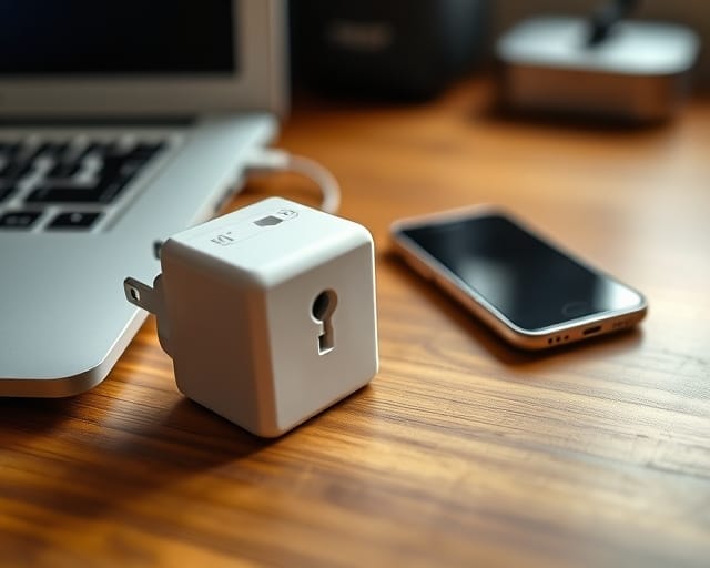 Travel plug adapter and charger packed for an international student's move abroad