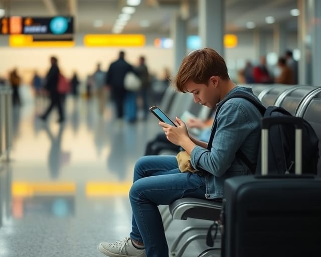 Traveler checking their phone at an airport departure gate