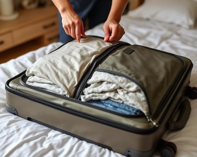 Hands zipping a packed suitcase closed while preparing for a one-way move