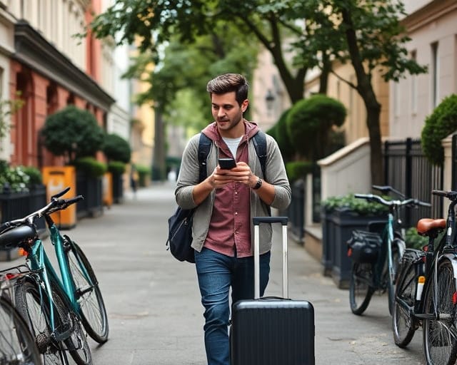 Student checking a phone on a city street after buying a prepaid SIM card abroad