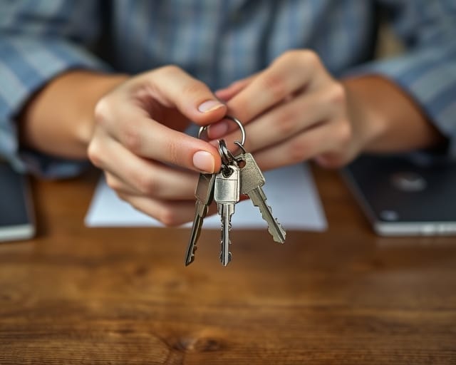 Close-up of hands holding house keys after signing a tenancy agreement