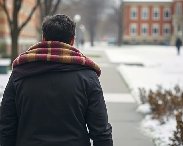 Student adjusting to a cold winter climate on a university campus