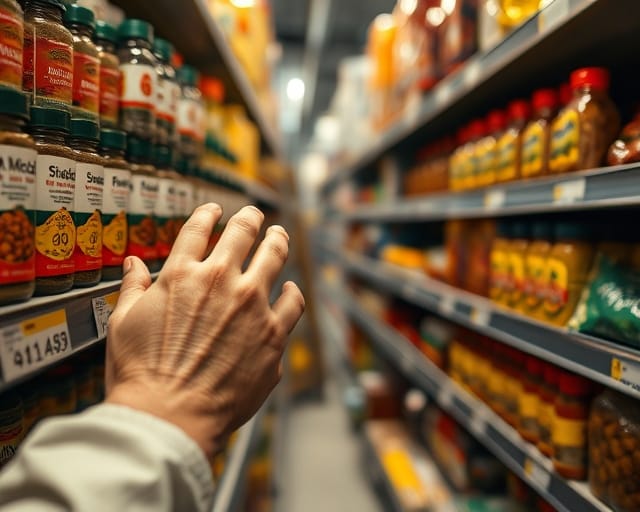 Hands selecting spices and packaged groceries from a shelf