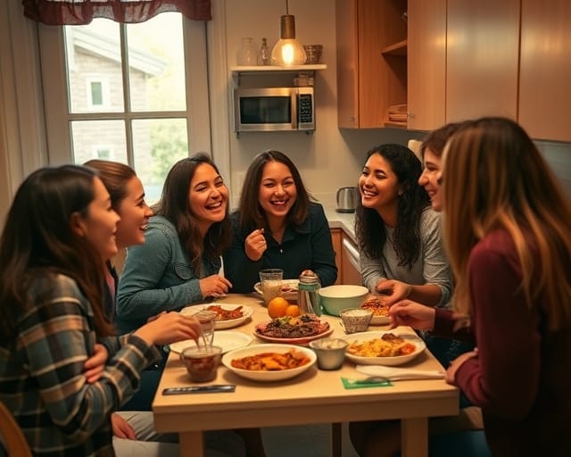 Students sharing a home-cooked meal together in a dorm kitchen