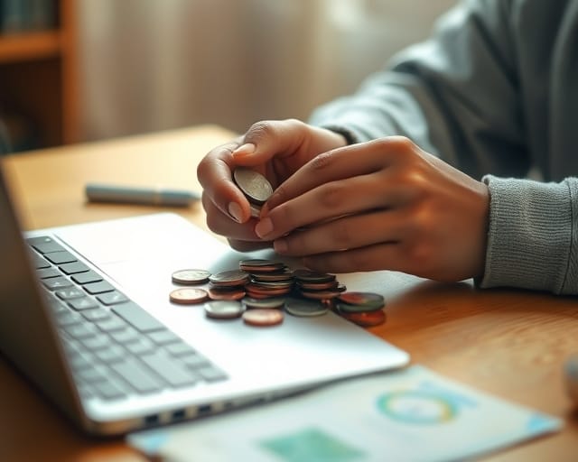 Student managing money and a laptop at a desk while budgeting for study abroad