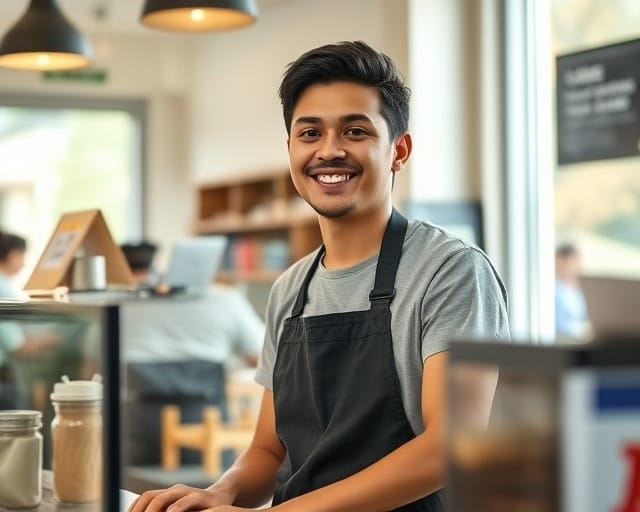 International student working a part-time campus job at a cafe counter