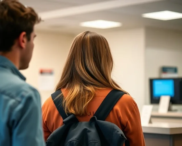 Student registering at a campus health clinic reception desk