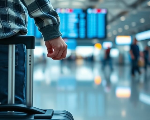Student with a suitcase at the airport, representing the transition from graduation to post-study work abroad