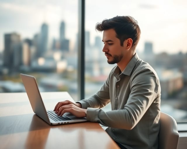 Recent graduate reviewing work options on a laptop in a Canadian city